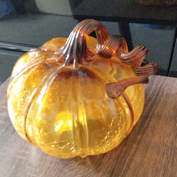 Amber Glass Pumpkins w/Brown Curly Decorative Stems, Set of 2 - Picture 11 of 11